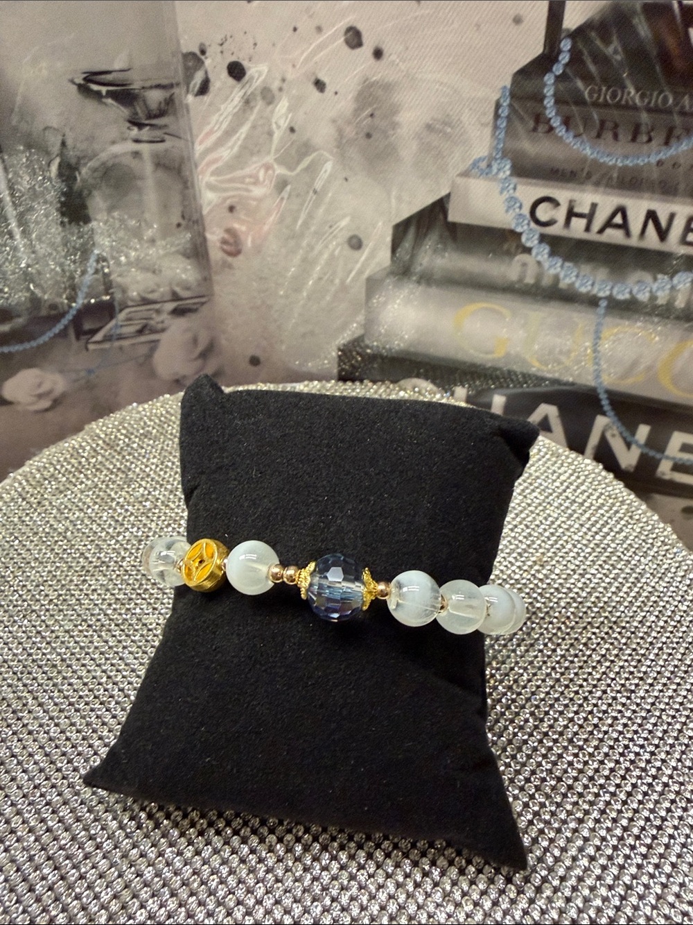 Blue and Gold Beaded glass Stretch Bracelet with Faceted Center 🆕